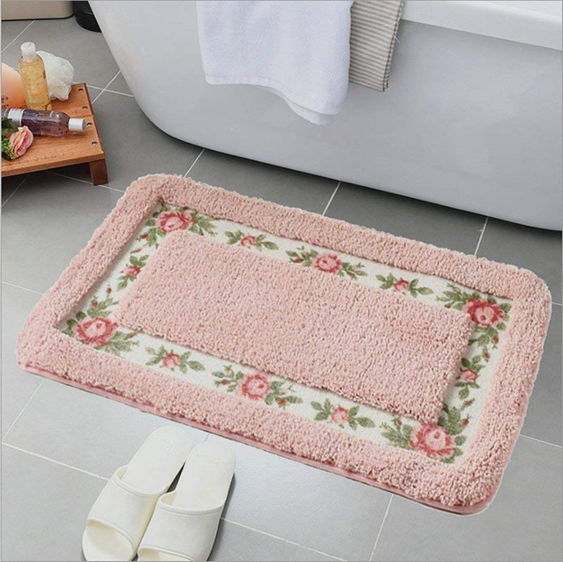 UKELER Luxury Shaggy Pink Rose Bath Rugs Washable Non-Slip Bathroom Mat for Home and Hotel, 17.7''x29.5'' - Image 3